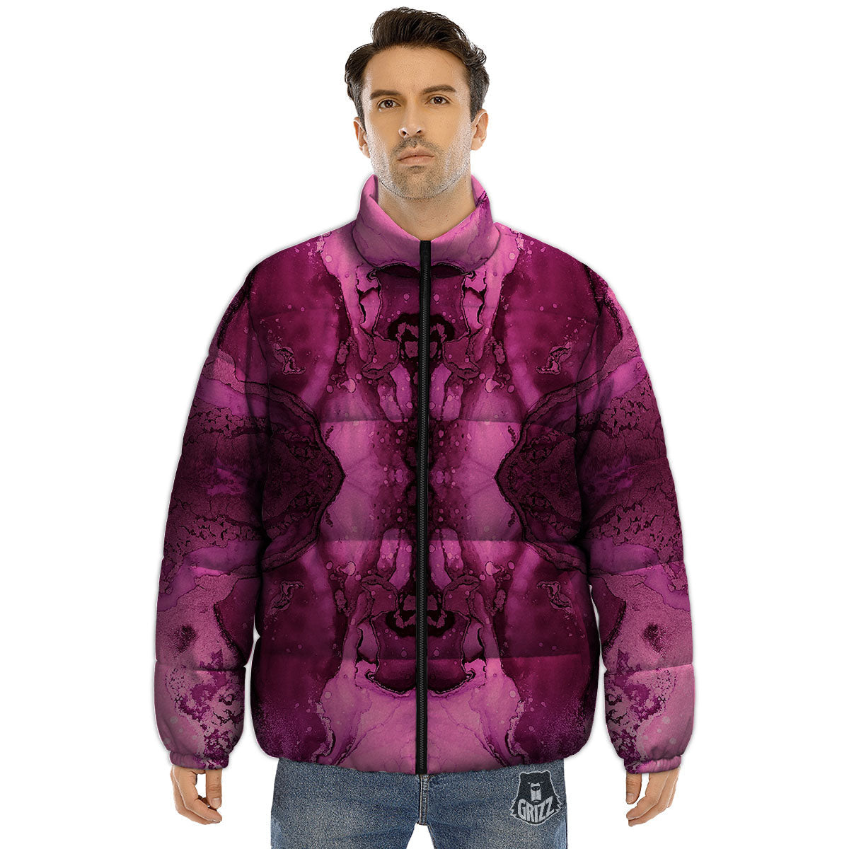 Rose Kaleidoscope Pink Print Puffer Jacket-grizzshop