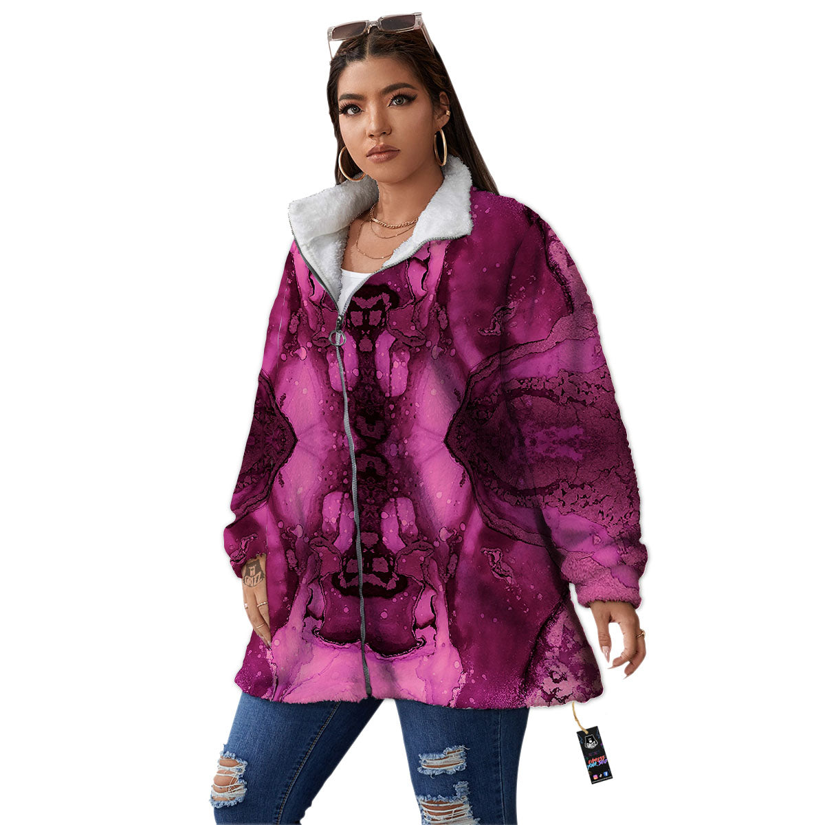 Rose Kaleidoscope Pink Print Women's Sherpa Jacket-grizzshop