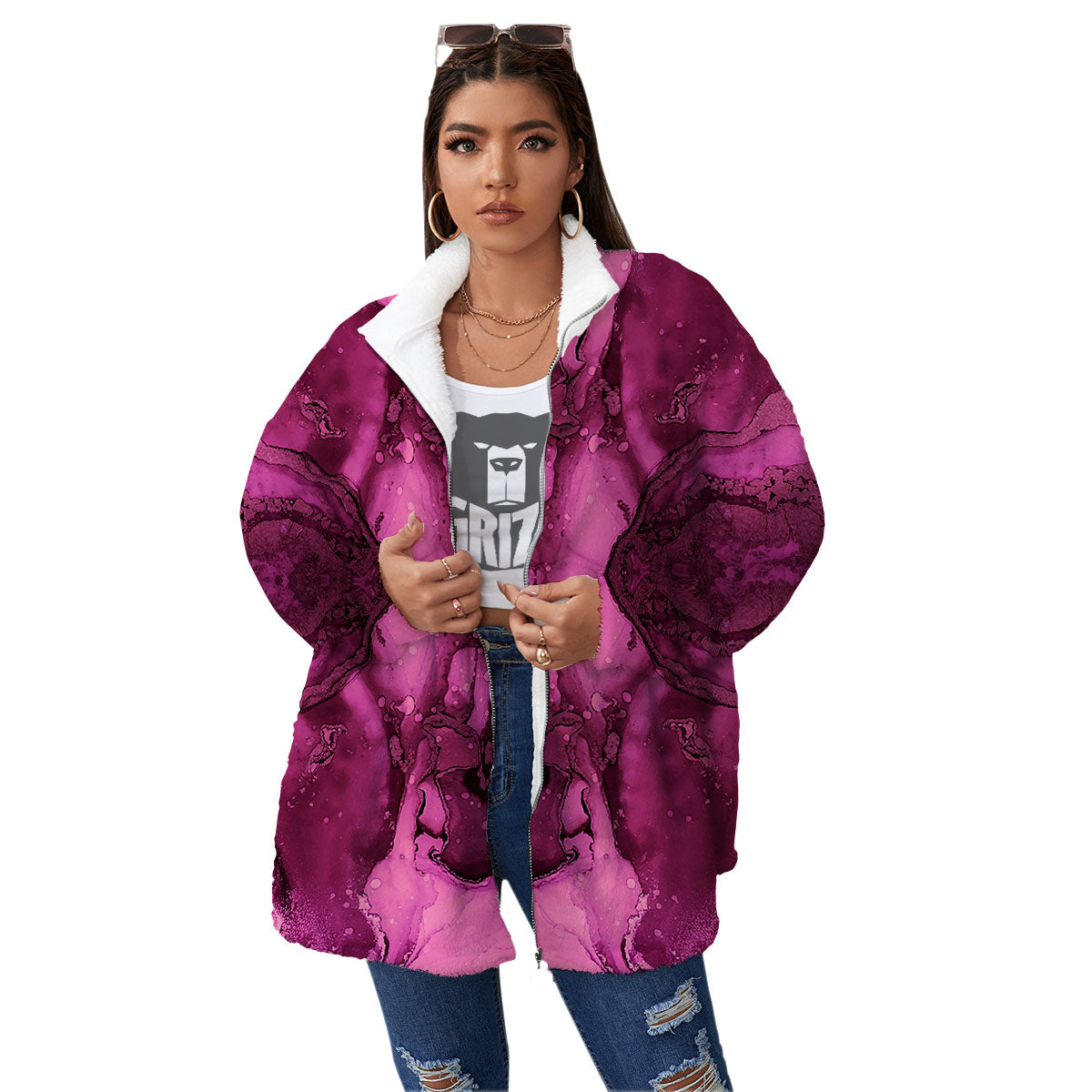 Rose Kaleidoscope Pink Print Women's Sherpa Jacket-grizzshop