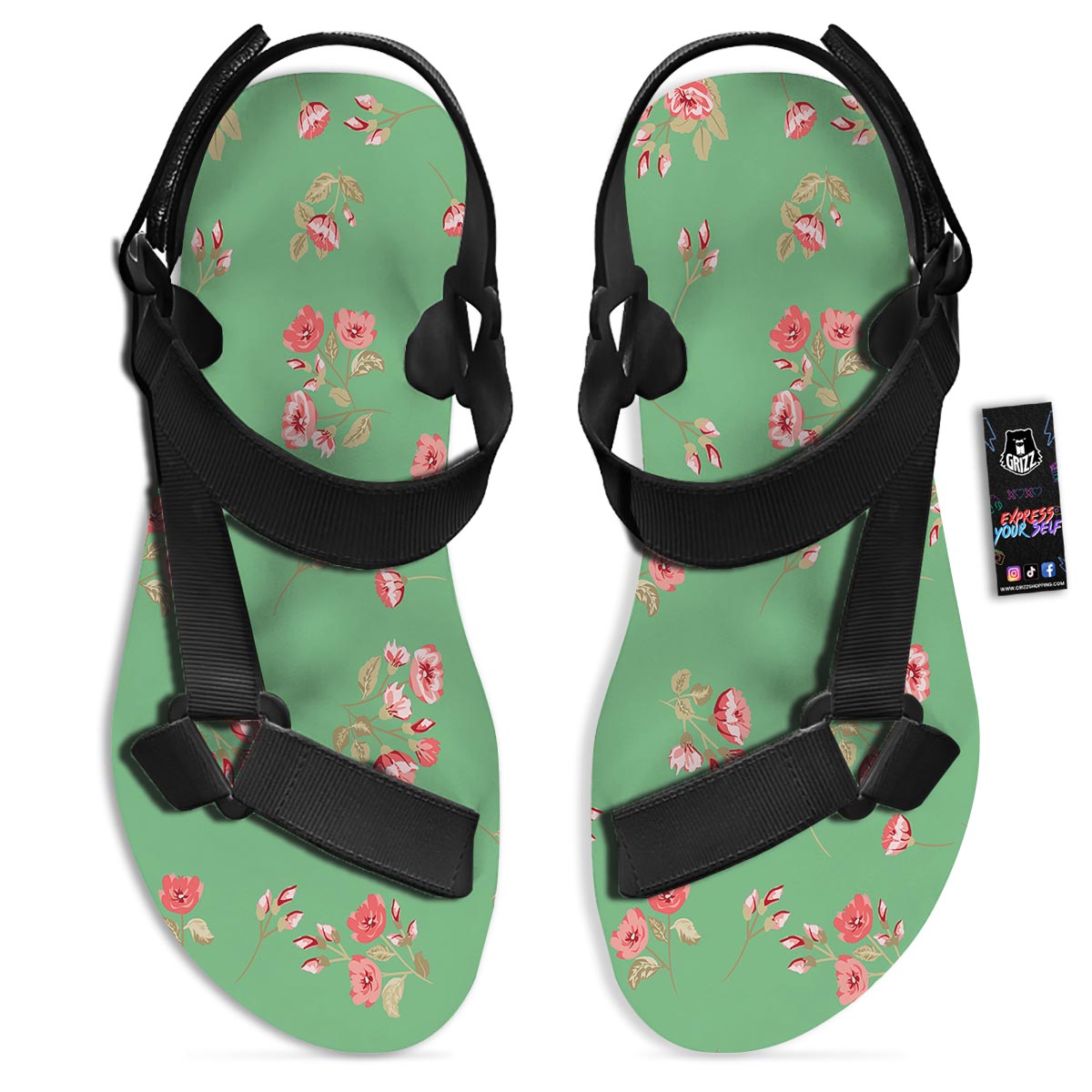 Rose Petals Print Pattern Black Open Toe Sandals-grizzshop