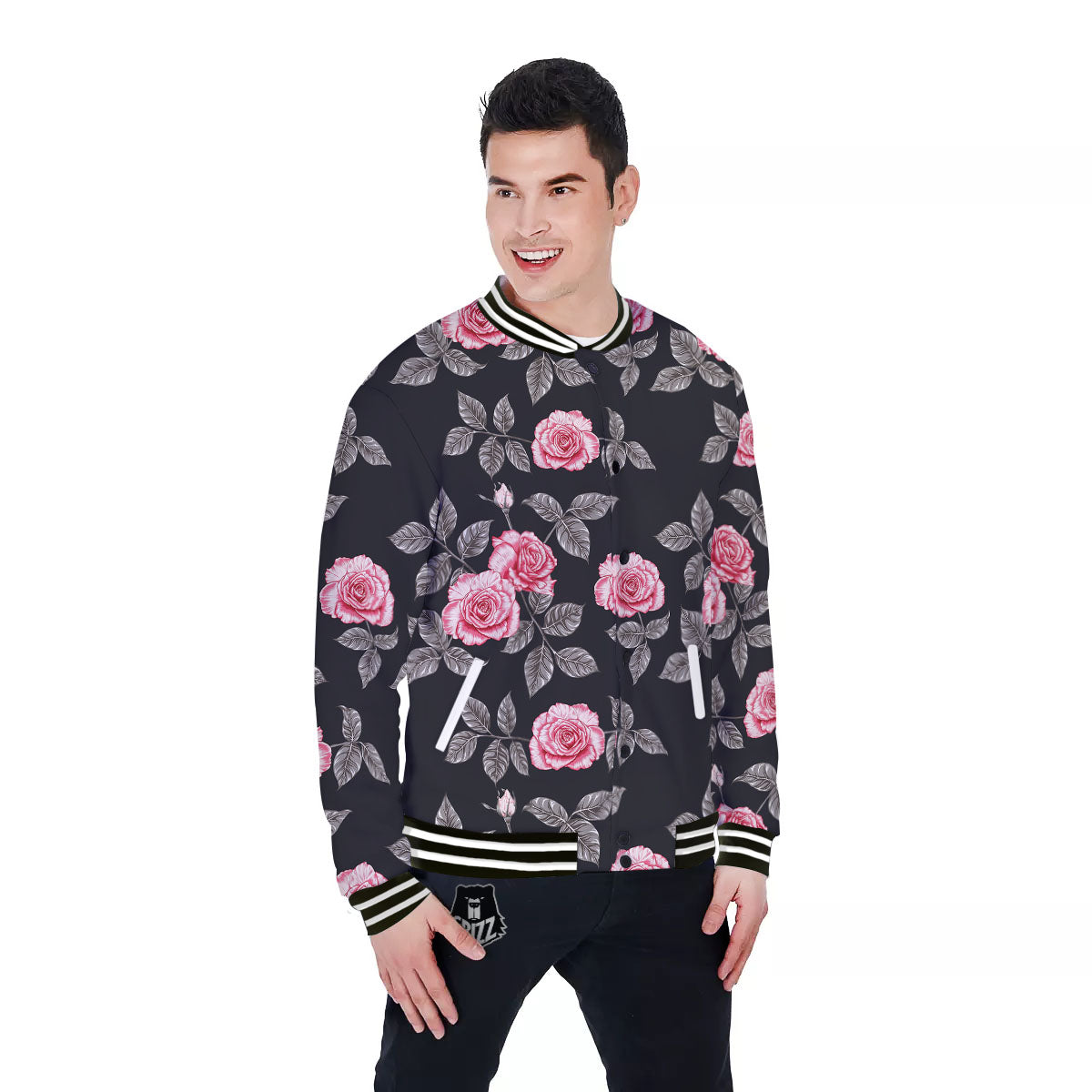 Rose Pink Print Pattern Baseball Jacket-grizzshop