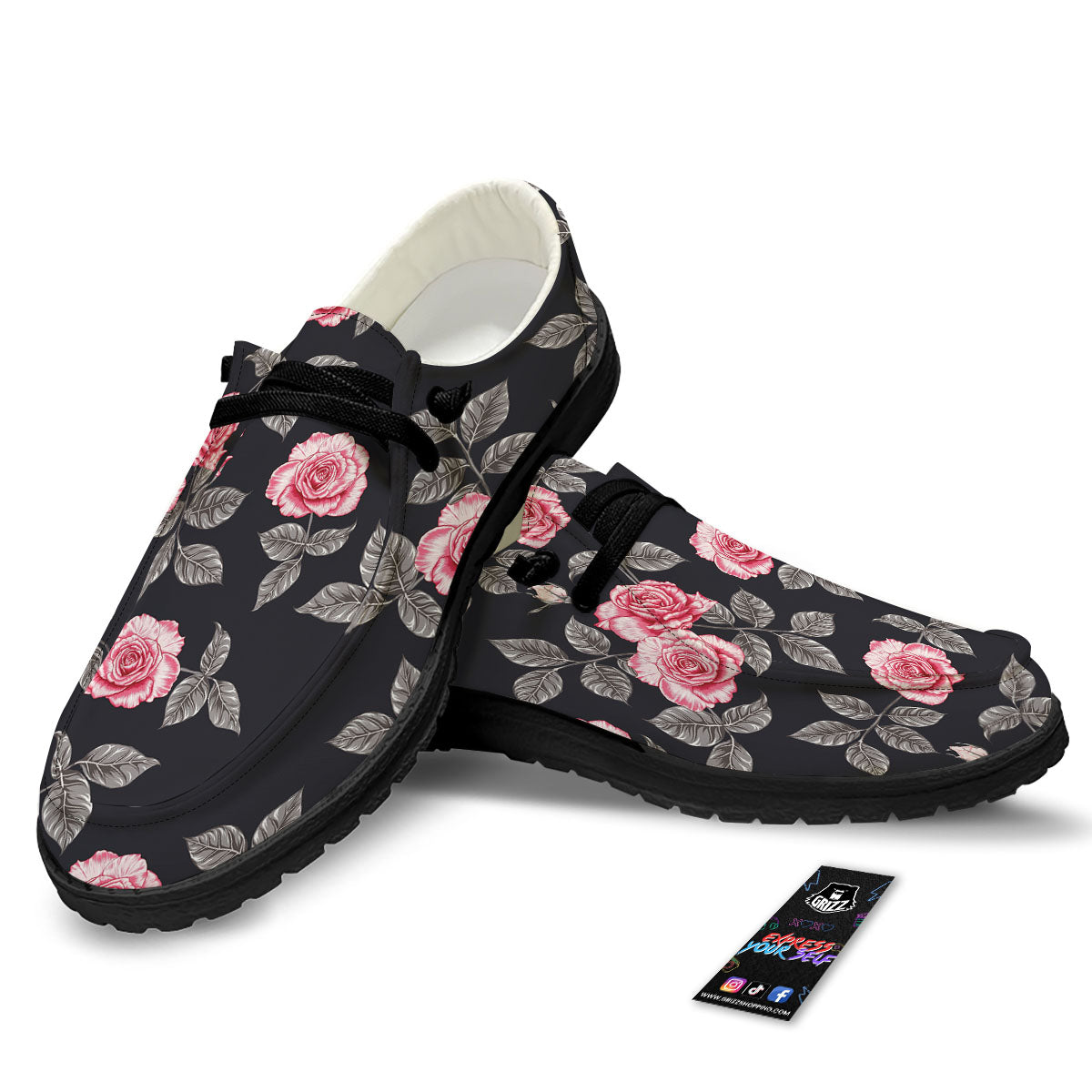 Rose Pink Print Pattern Black Loafers-grizzshop