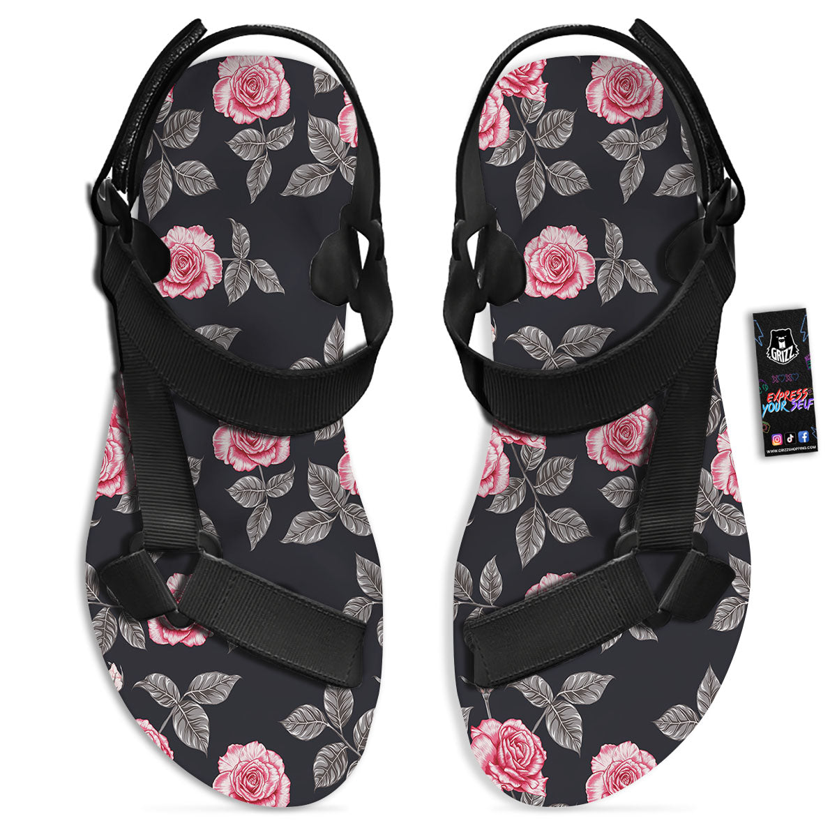 Rose Pink Print Pattern Black Open Toe Sandals-grizzshop