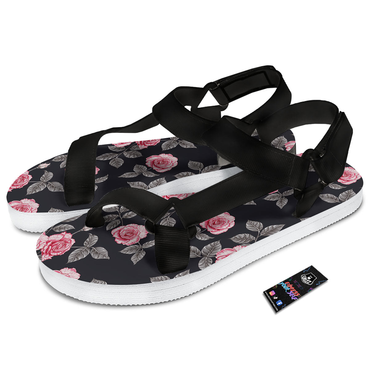 Rose Pink Print Pattern Black Open Toe Sandals-grizzshop