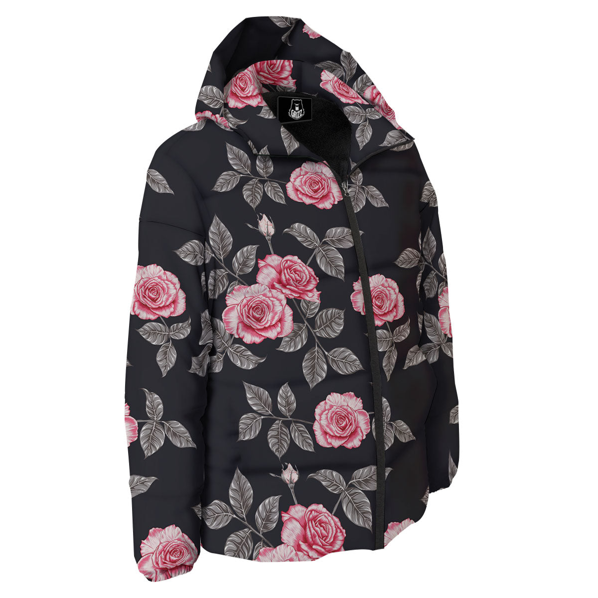 Rose Pink Print Pattern Down Jacket-grizzshop