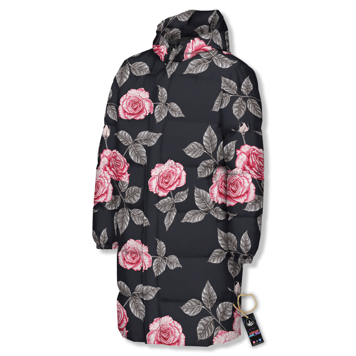 Rose Pink Print Pattern Long Down Jacket-grizzshop