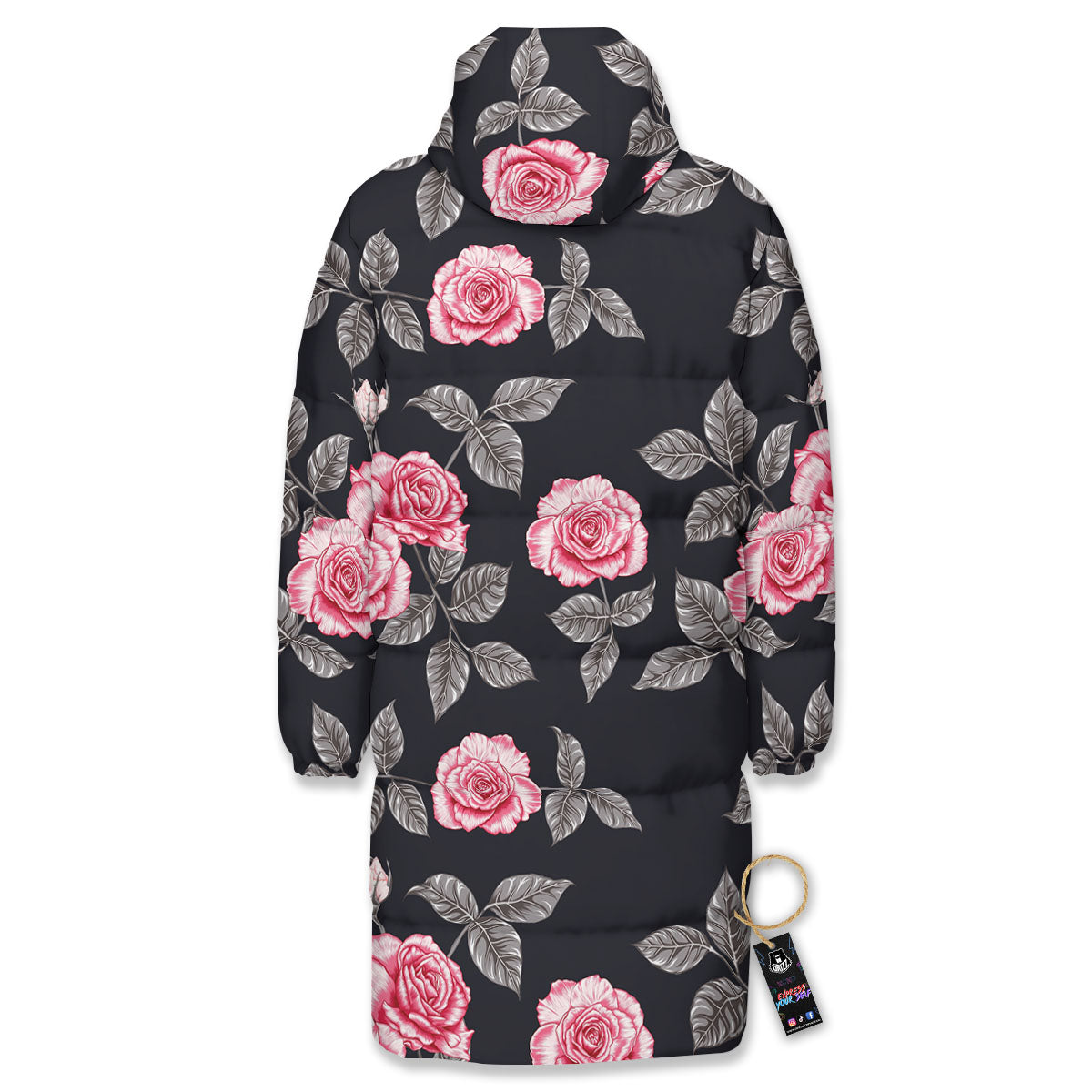 Rose Pink Print Pattern Long Down Jacket-grizzshop