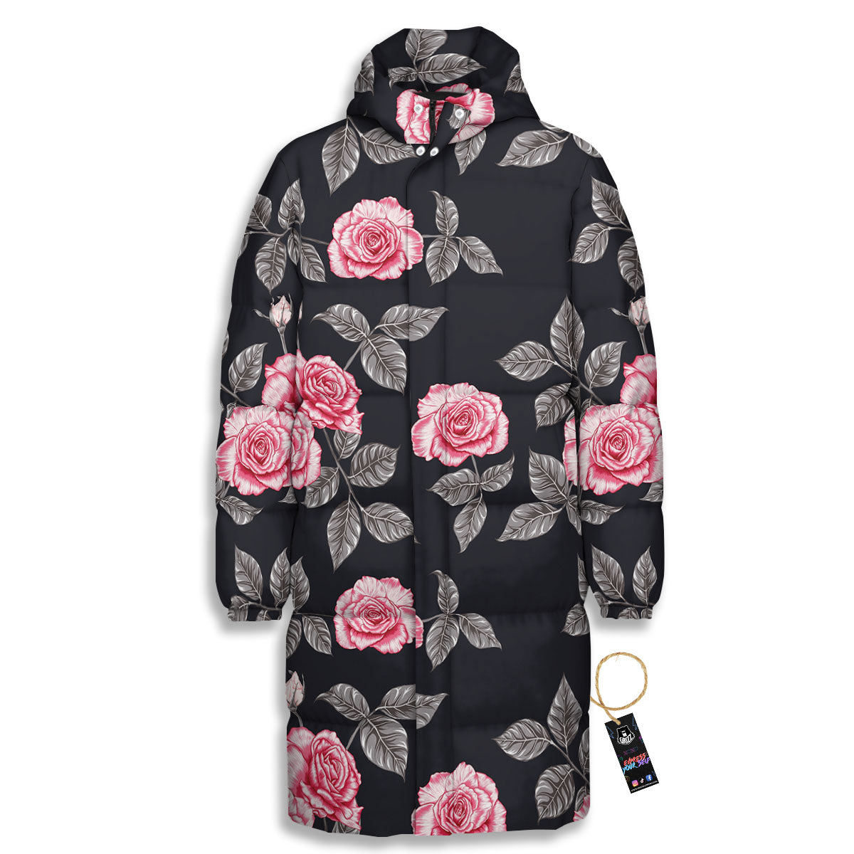 Rose Pink Print Pattern Long Down Jacket-grizzshop