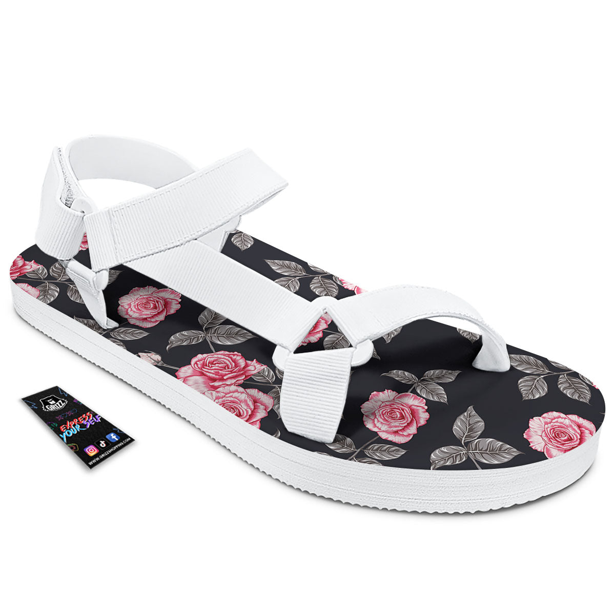 Rose Pink Print Pattern White Open Toe Sandals-grizzshop