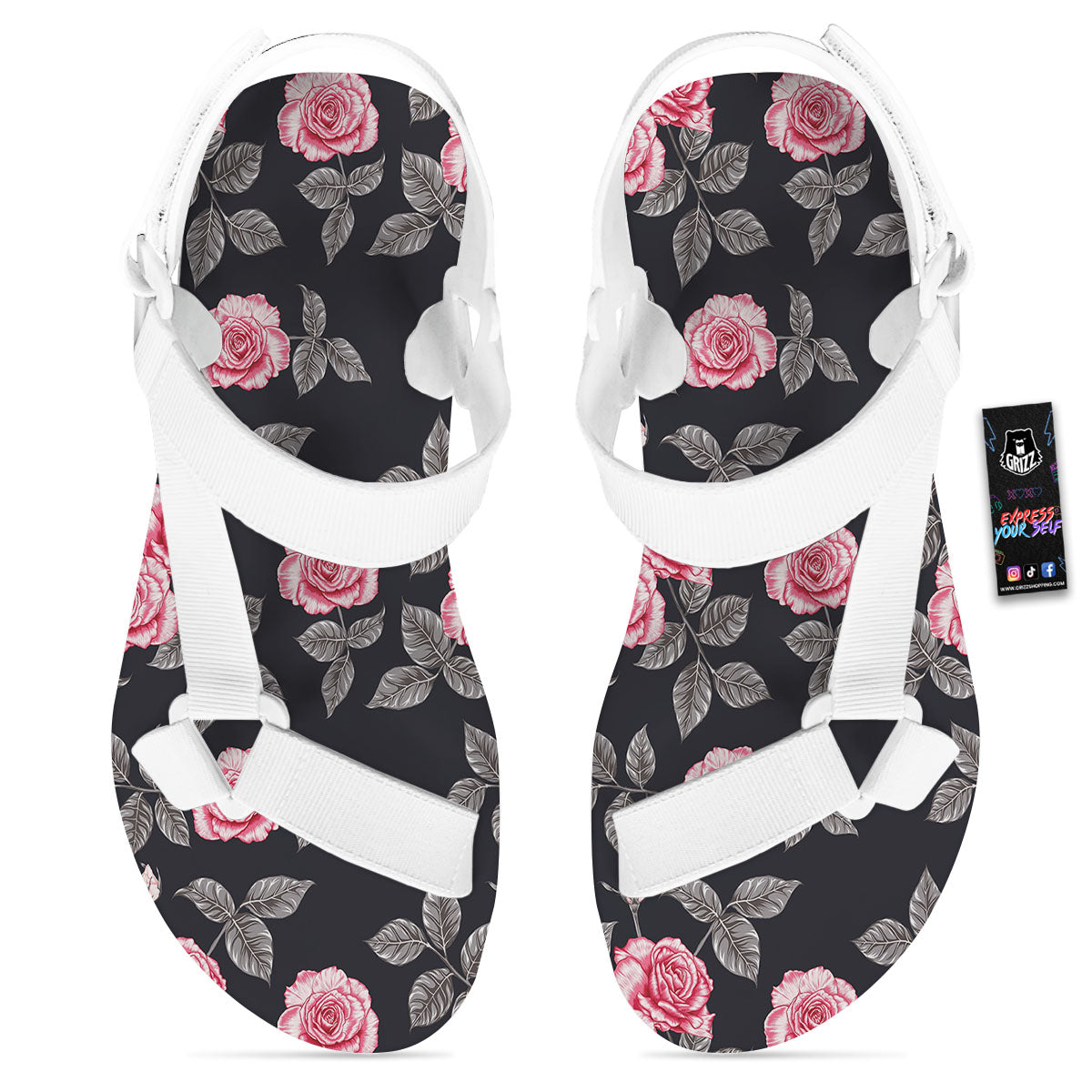 Rose Pink Print Pattern White Open Toe Sandals-grizzshop