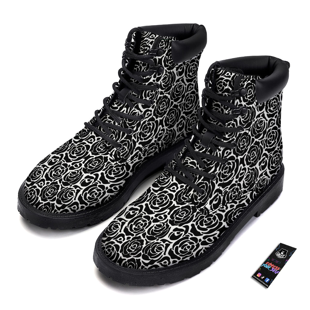Rose Print Monochrome Pattern Boots-grizzshop