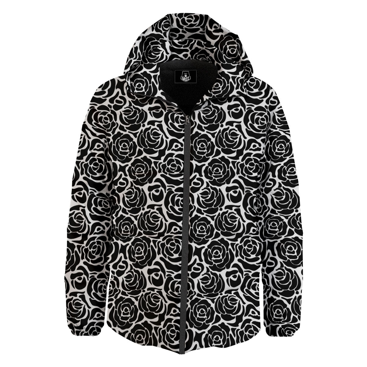 Rose Print Monochrome Pattern Down Jacket-grizzshop