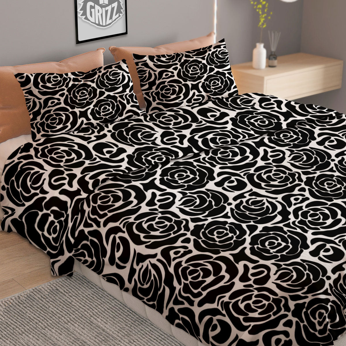 Rose Print Monochrome Pattern Duvet Cover Bedding Set