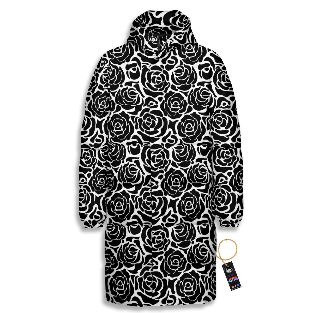 Rose Print Monochrome Pattern Long Down Jacket-grizzshop