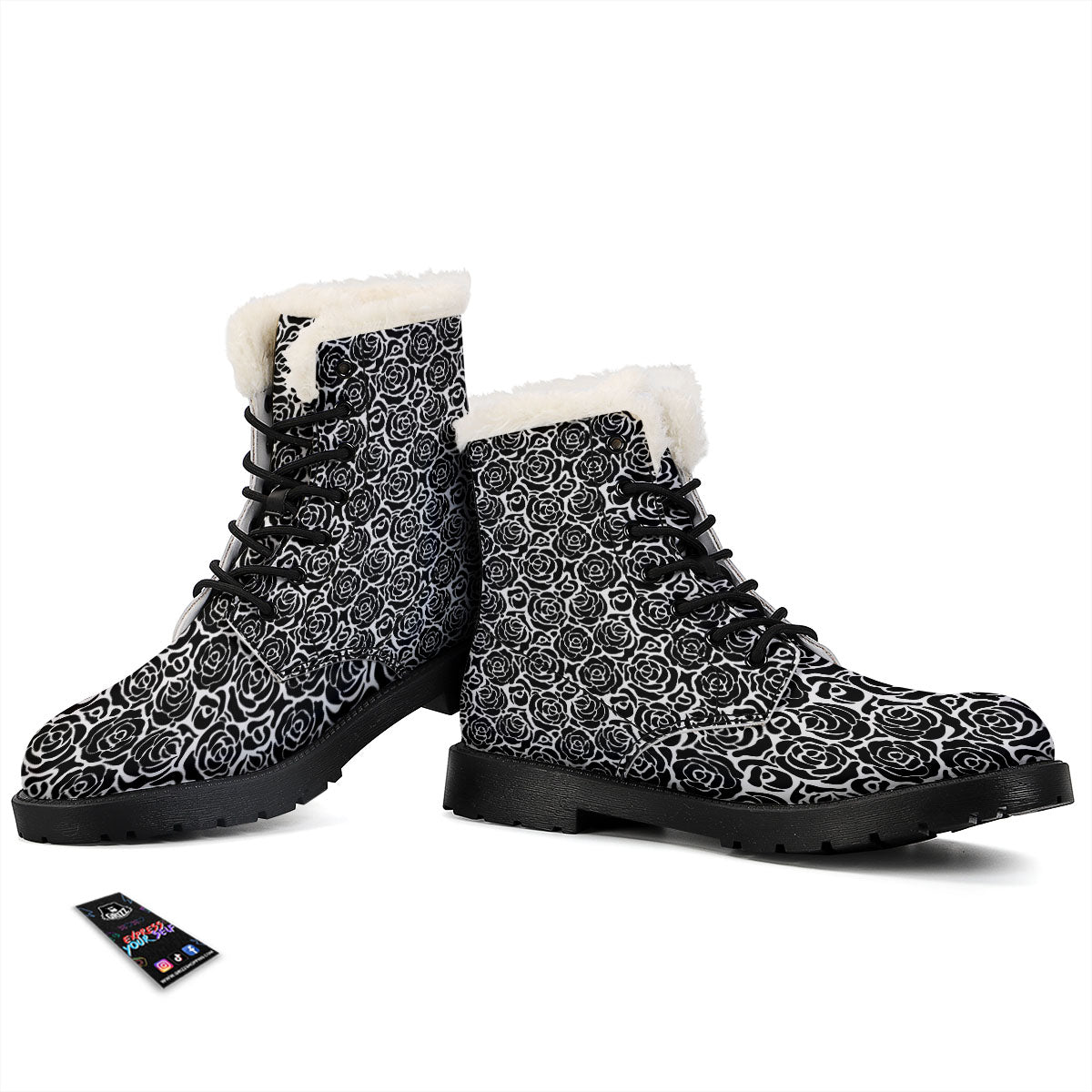Rose Print Monochrome Pattern Winter Boots-grizzshop
