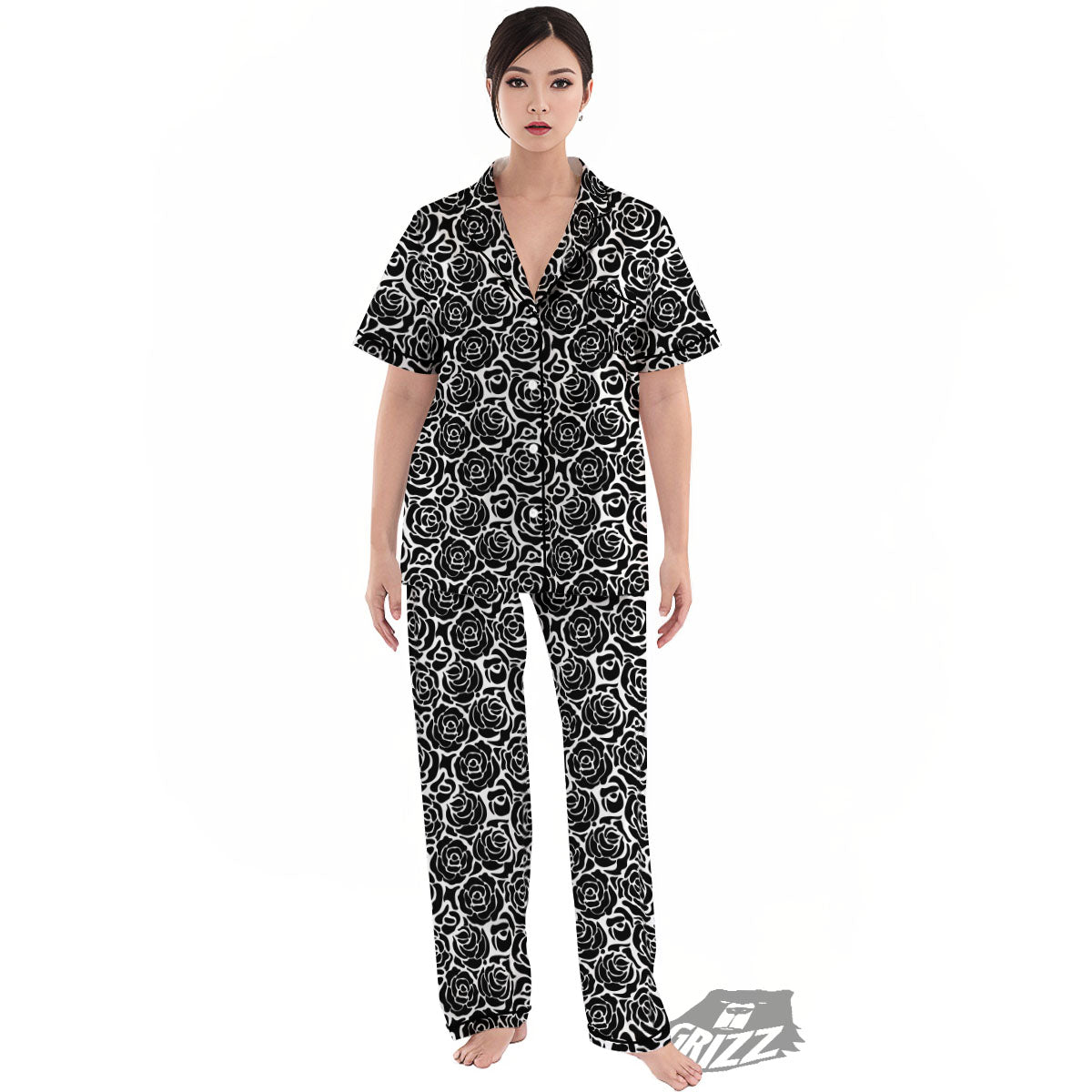 Rose Print Monochrome Pattern Women's Pajamas Set-grizzshop