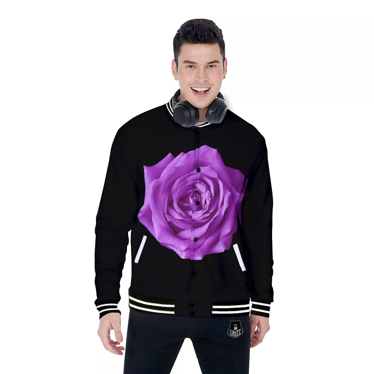 Rose Purple Dark Print Baseball Jacket-grizzshop