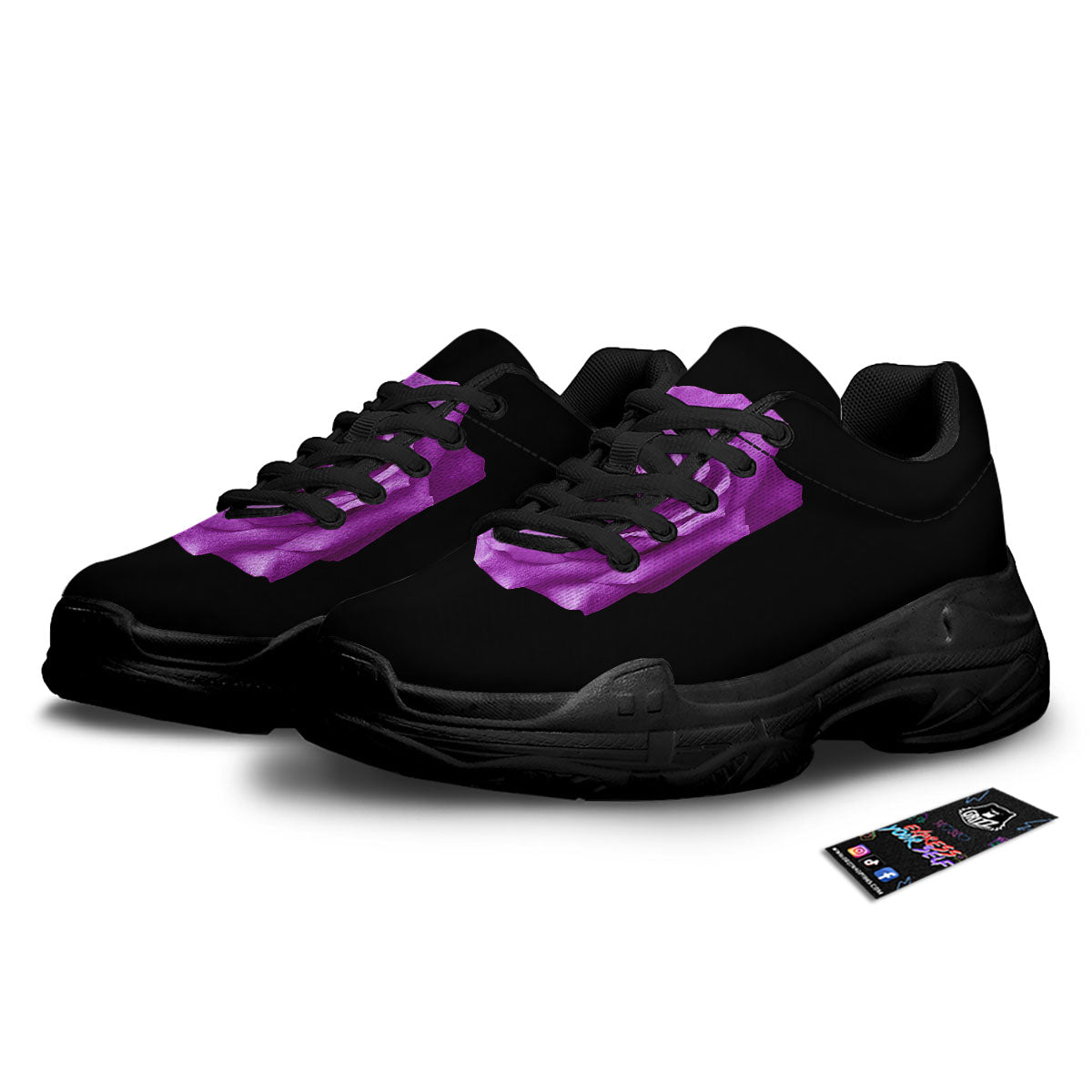 Rose Purple Dark Print Black Chunky Shoes-grizzshop