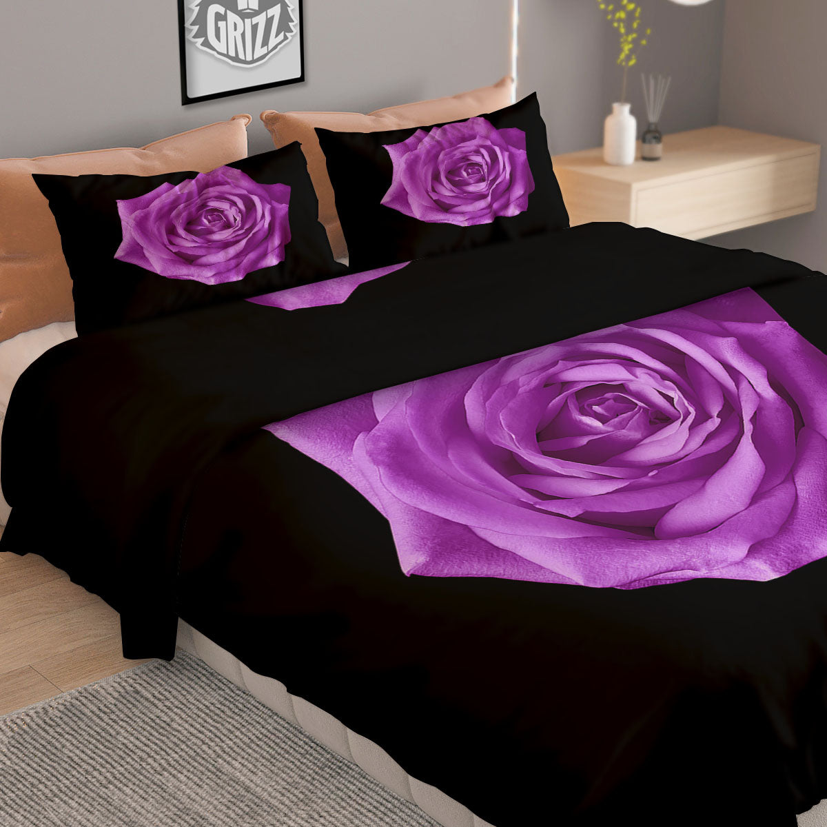 Rose Purple Dark Print Duvet Cover Bedding Set
