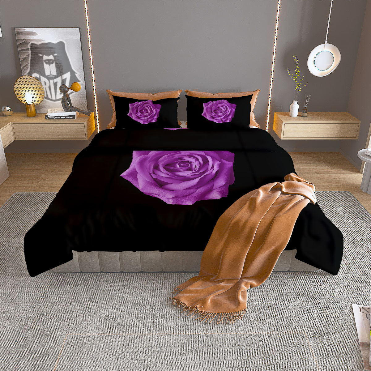 Rose Purple Dark Print Duvet Cover Bedding Set
