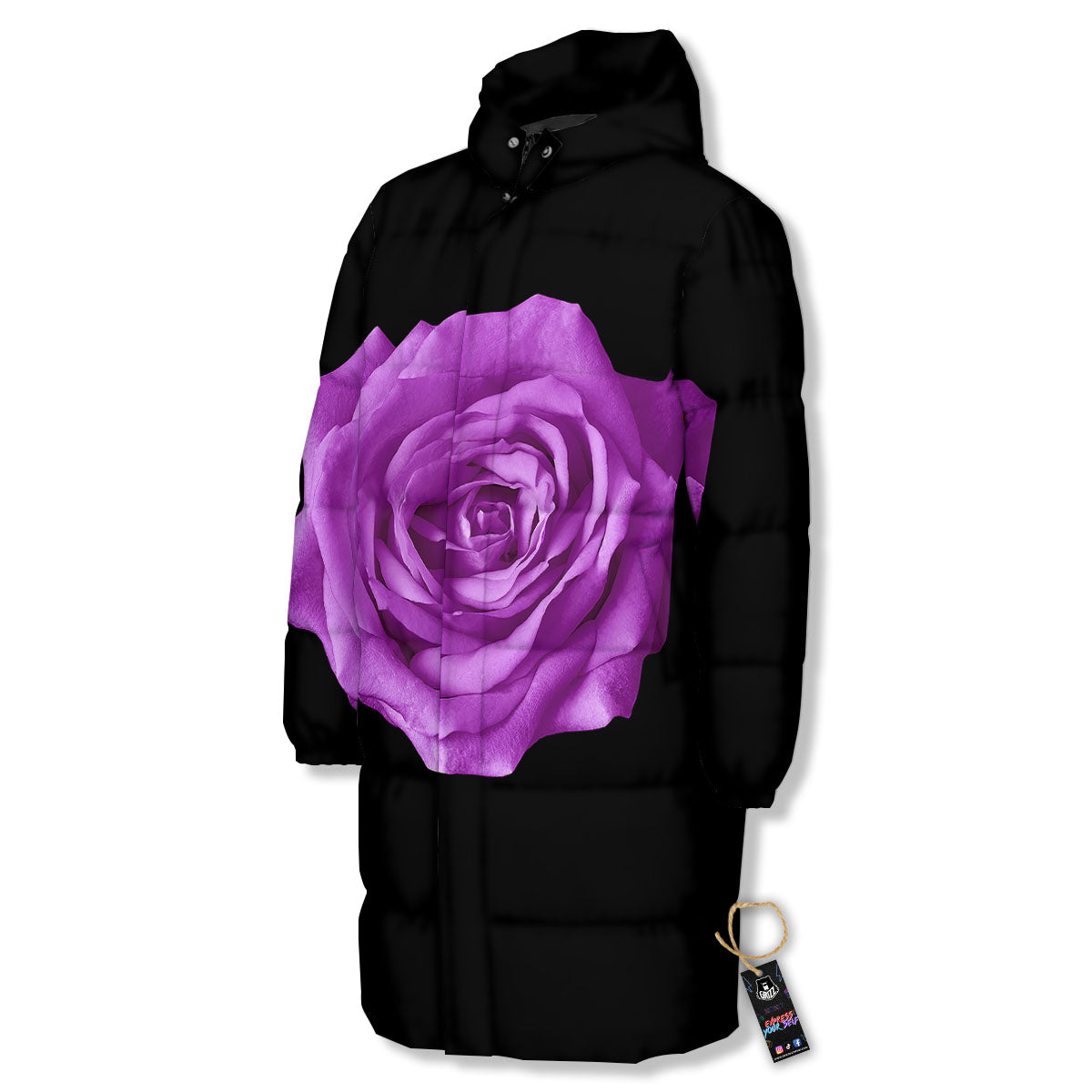Rose Purple Dark Print Long Down Jacket-grizzshop