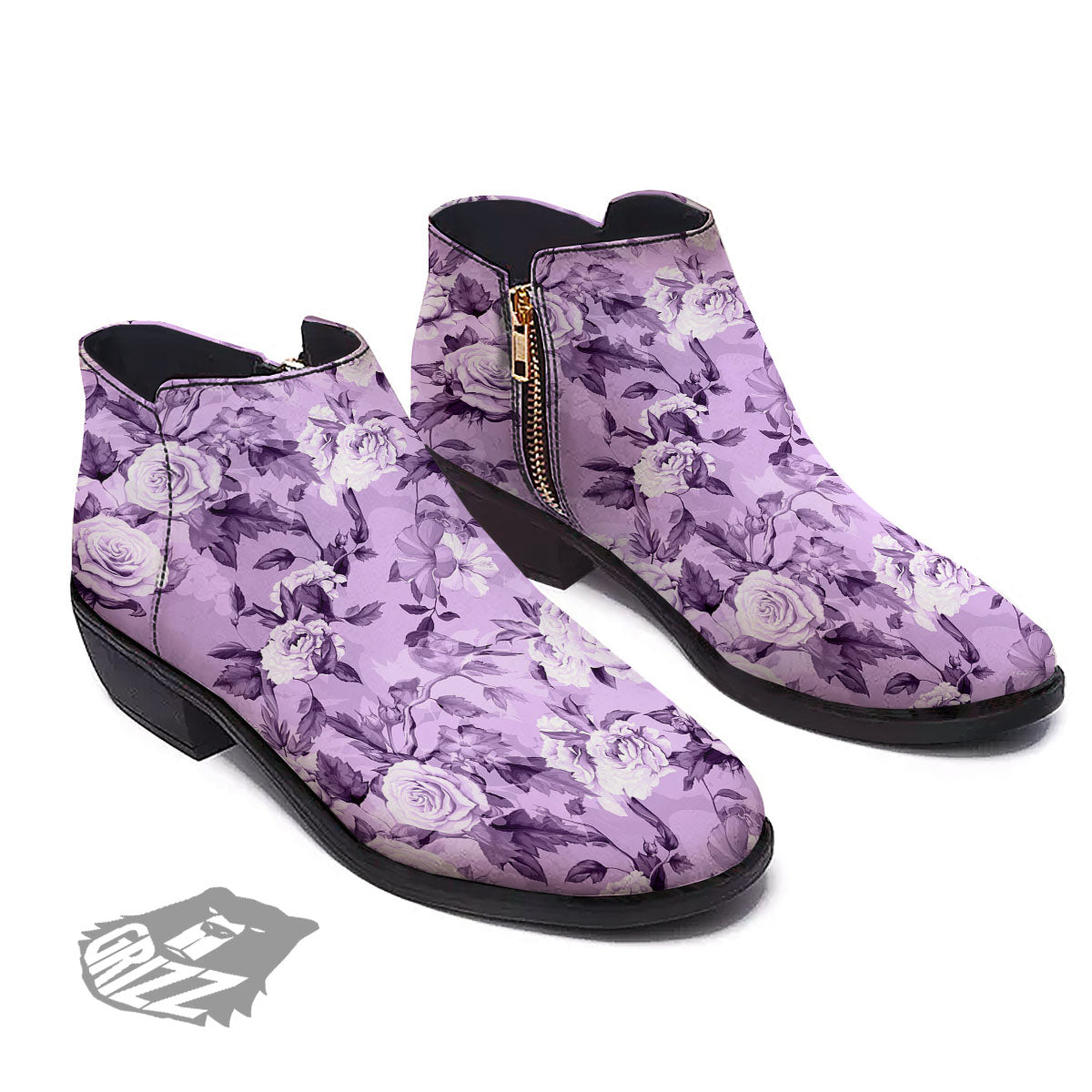 Rose Purple Print Pattern Ankle Boots-grizzshop