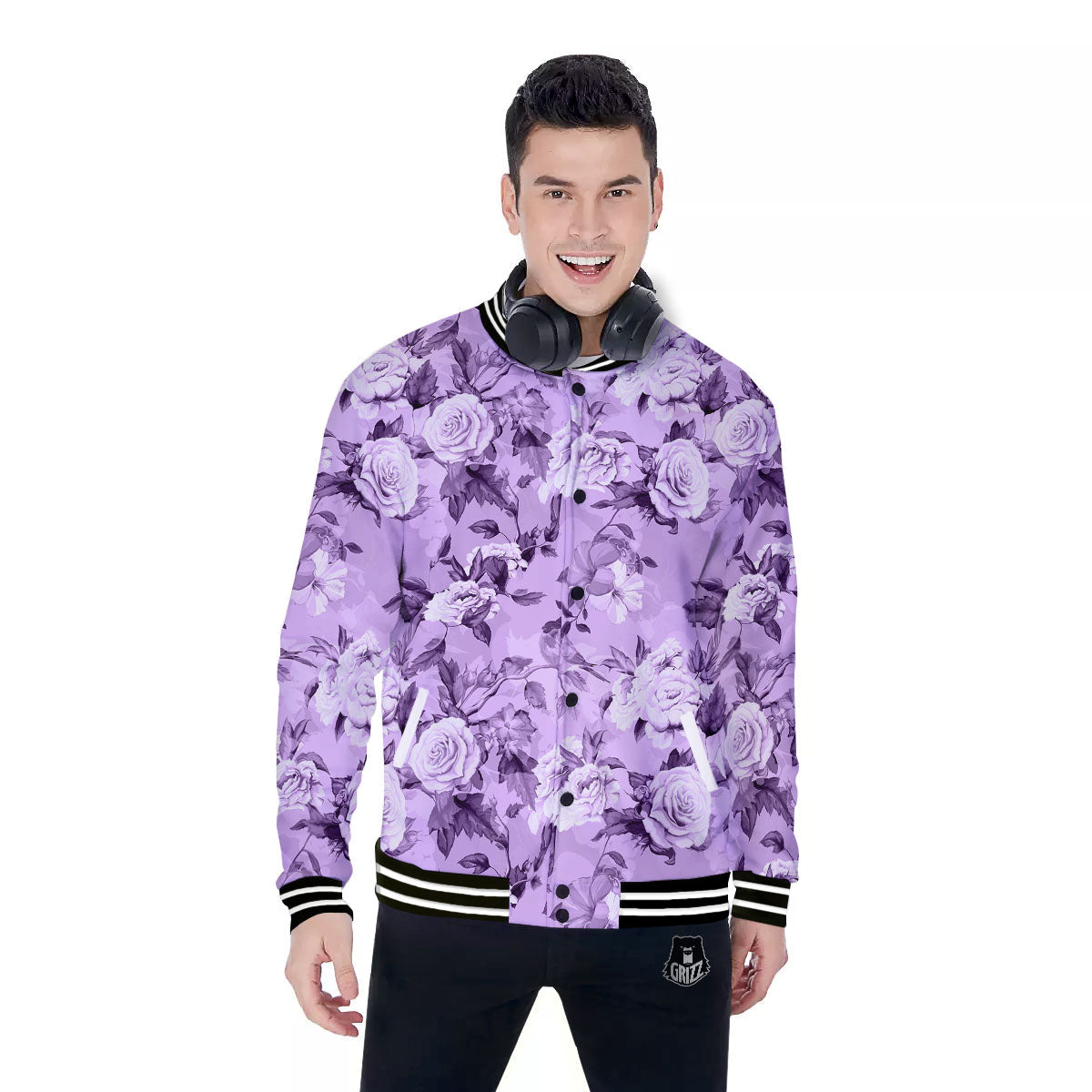 Rose Purple Print Pattern Baseball Jacket-grizzshop