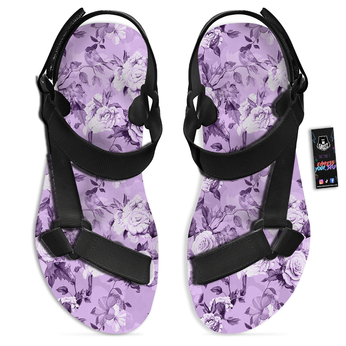 Rose Purple Print Pattern Black Open Toe Sandals-grizzshop
