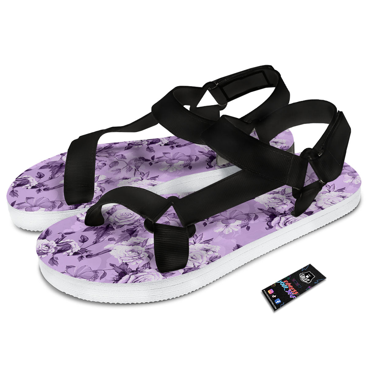 Rose Purple Print Pattern Black Open Toe Sandals-grizzshop