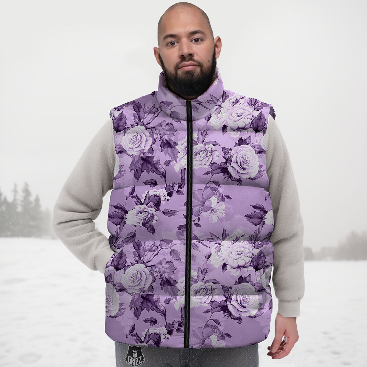 Rose Purple Print Pattern Down Vest-grizzshop
