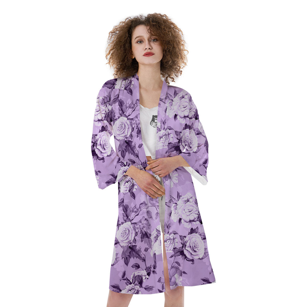 Rose Purple Print Pattern Kimono-grizzshop