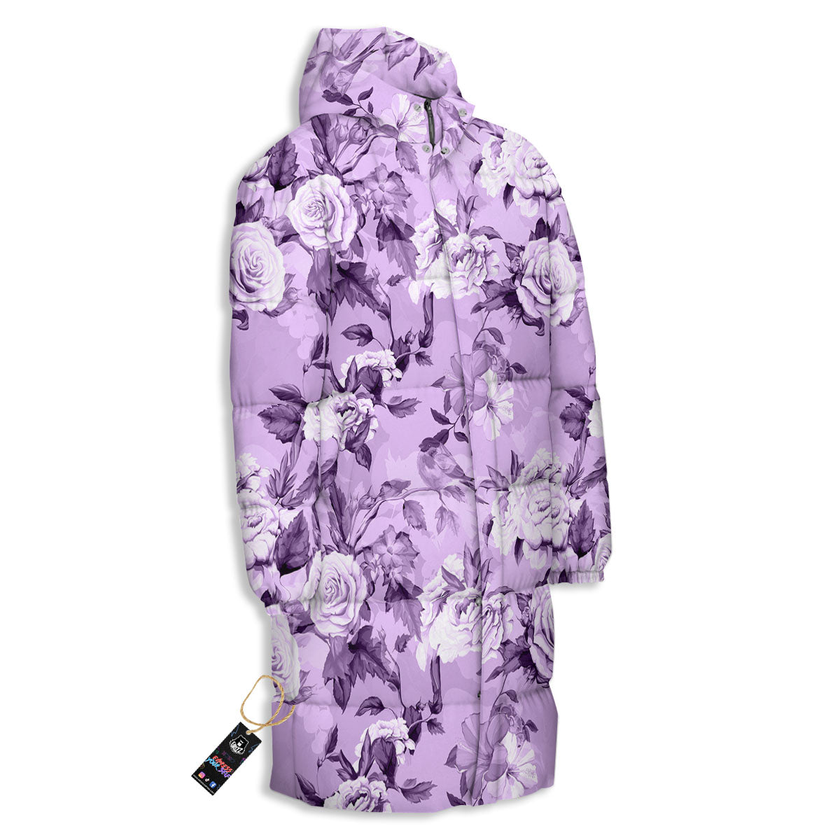 Rose Purple Print Pattern Long Down Jacket-grizzshop