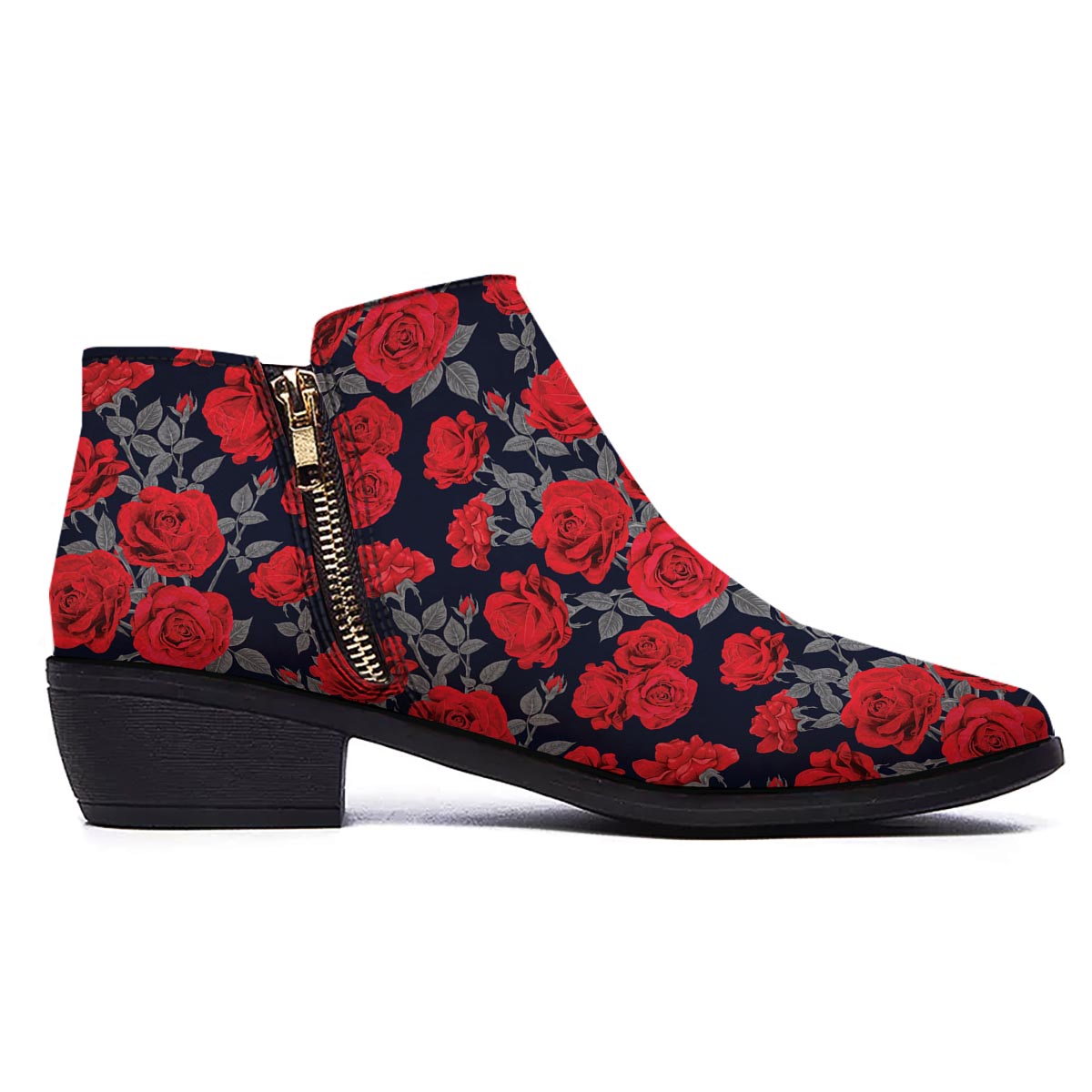 Rose Red Print Pattern Ankle Boots-grizzshop