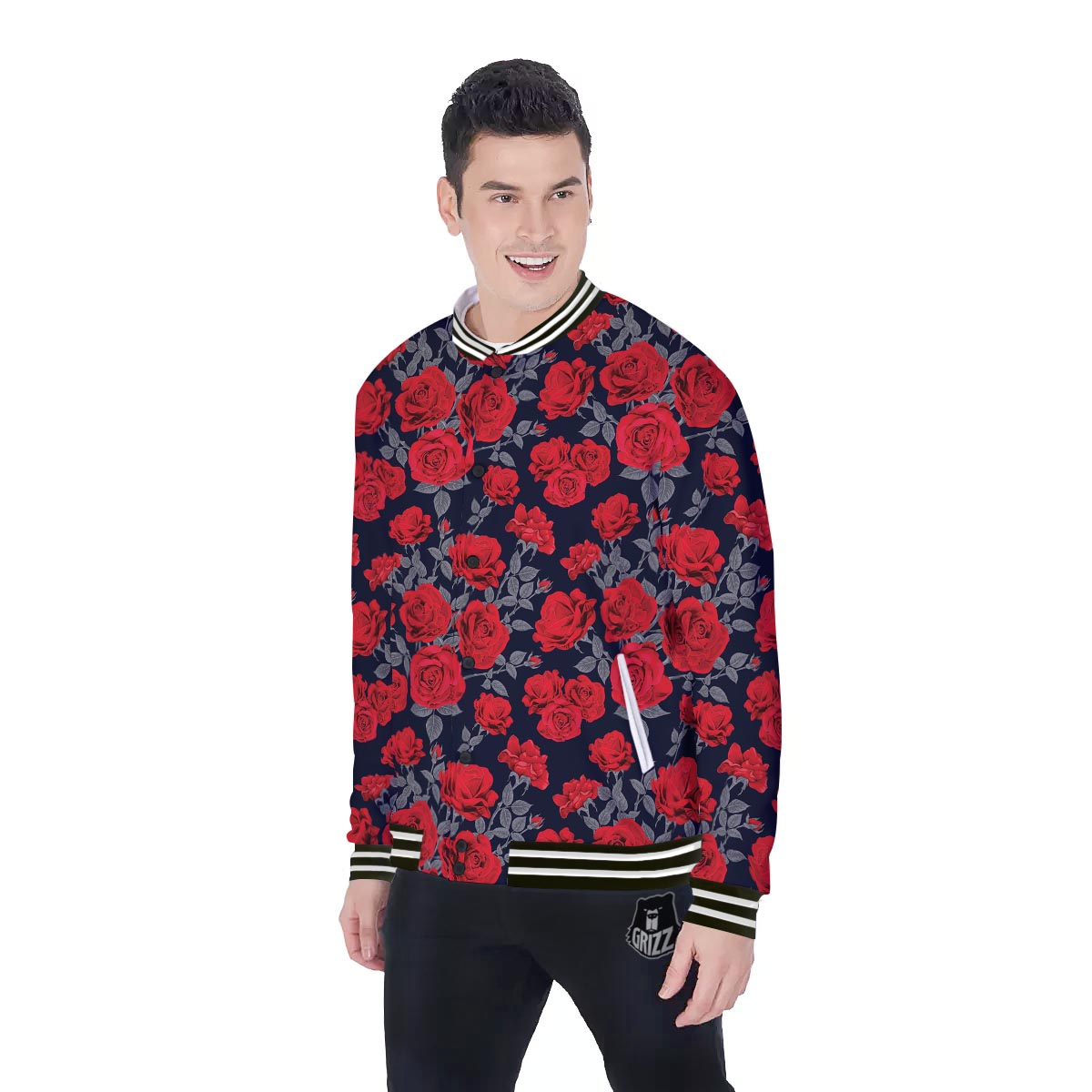 Rose Red Print Pattern Baseball Jacket-grizzshop