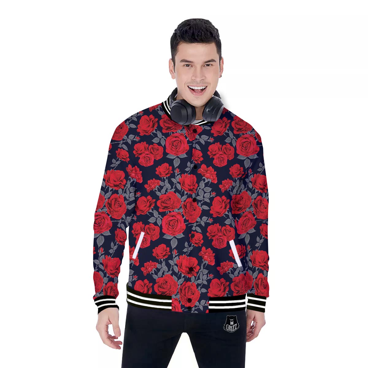 Rose Red Print Pattern Baseball Jacket-grizzshop