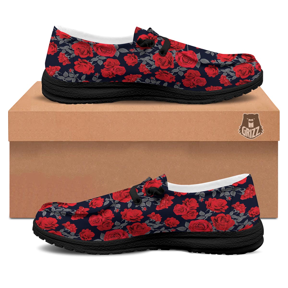 Rose Red Print Pattern Black Loafers-grizzshop