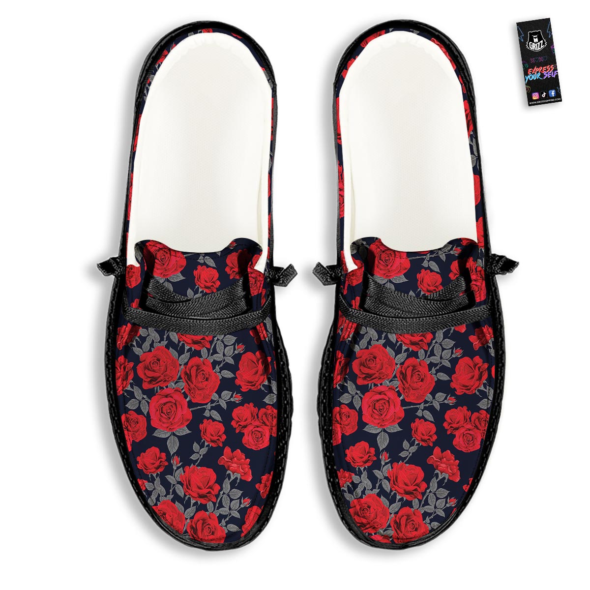 Rose Red Print Pattern Black Loafers-grizzshop