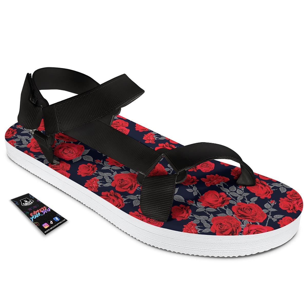 Rose Red Print Pattern Black Open Toe Sandals-grizzshop