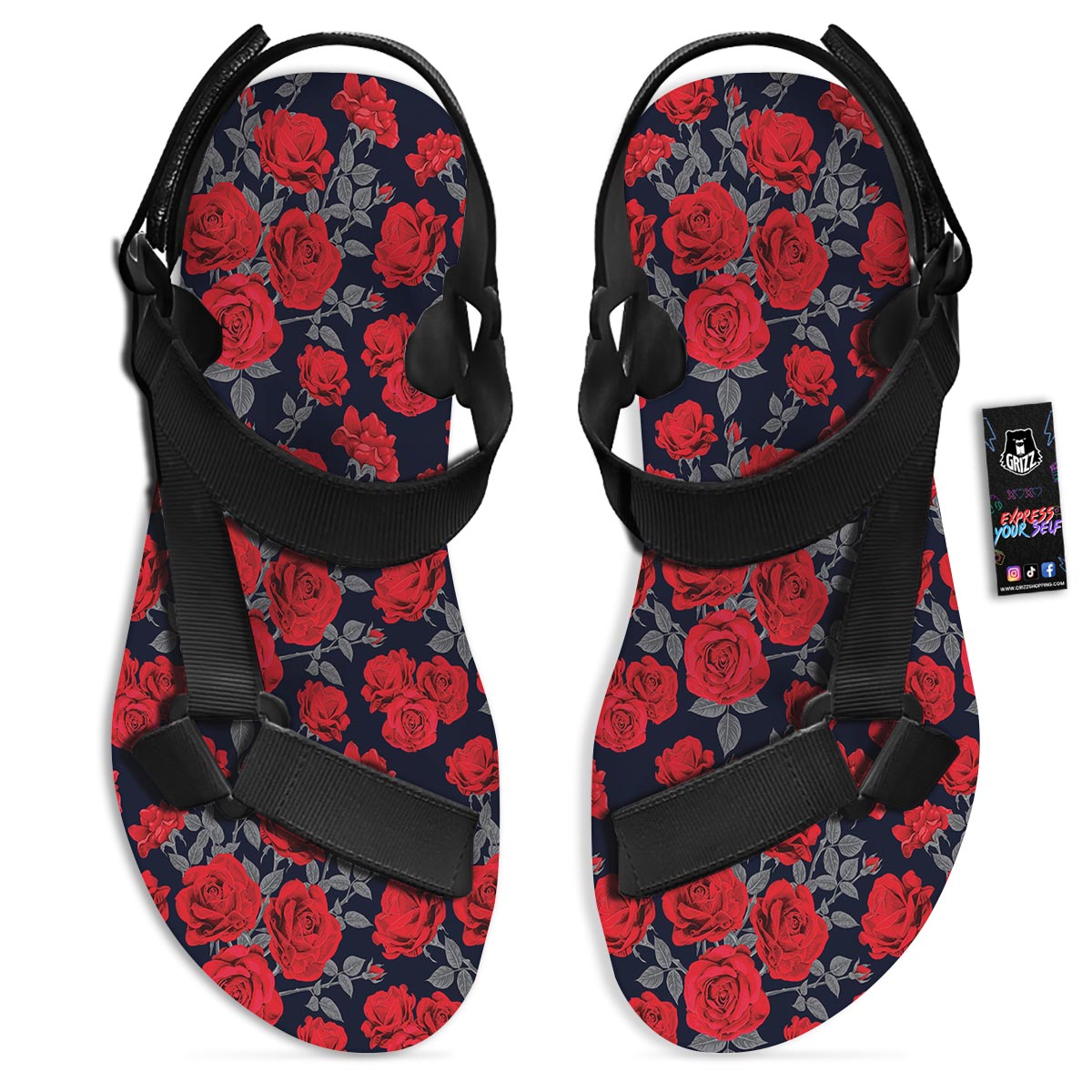 Rose Red Print Pattern Black Open Toe Sandals-grizzshop
