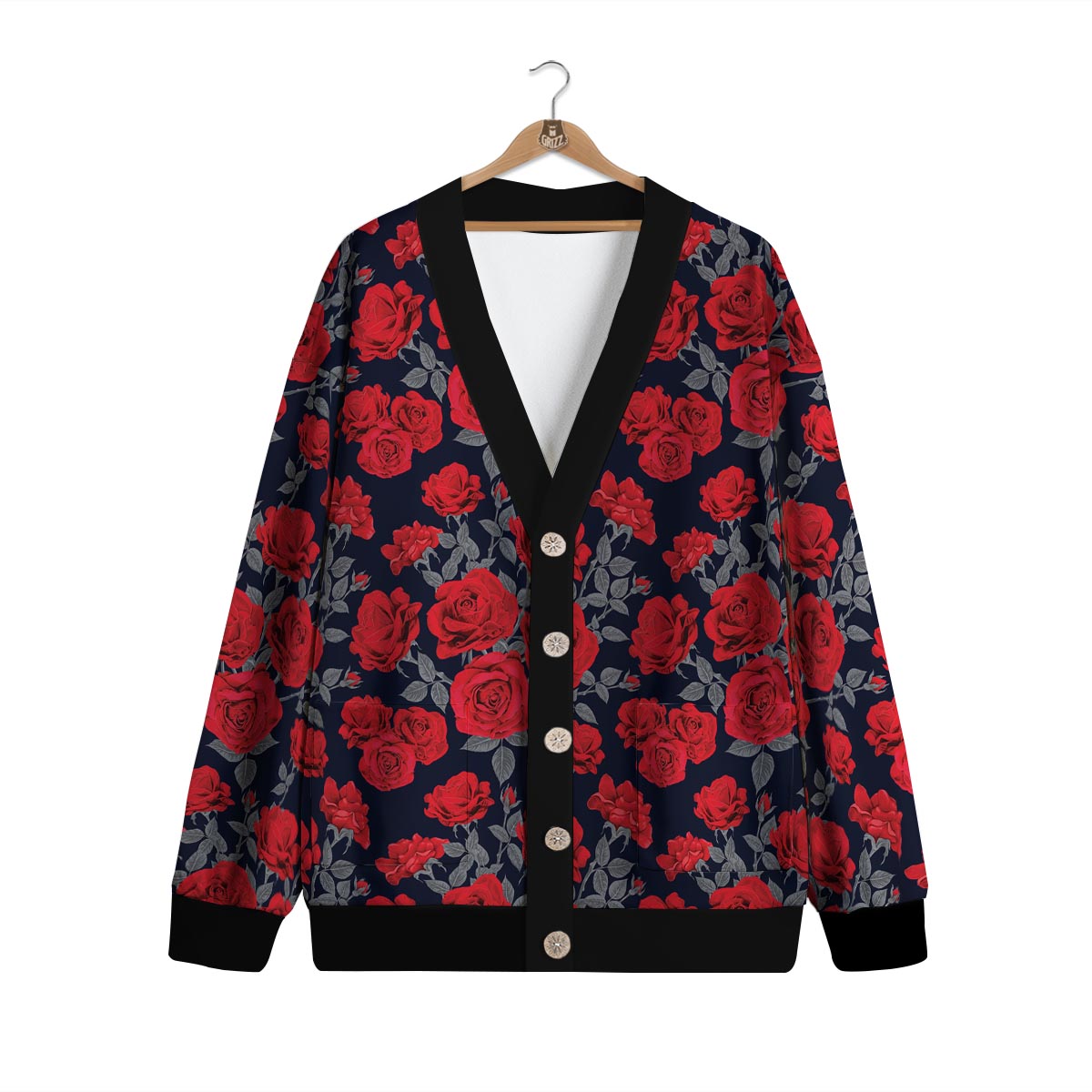 Rose Red Print Pattern Cardigan-grizzshop