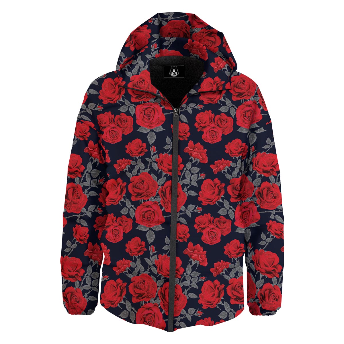 Rose Red Print Pattern Down Jacket-grizzshop