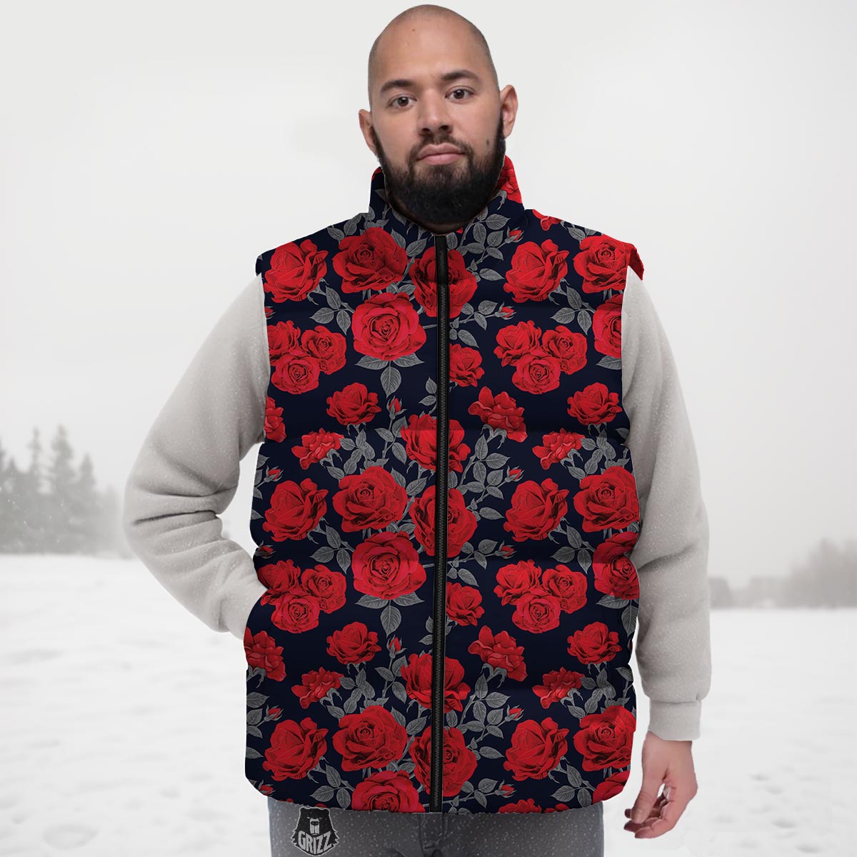 Rose Red Print Pattern Down Vest-grizzshop