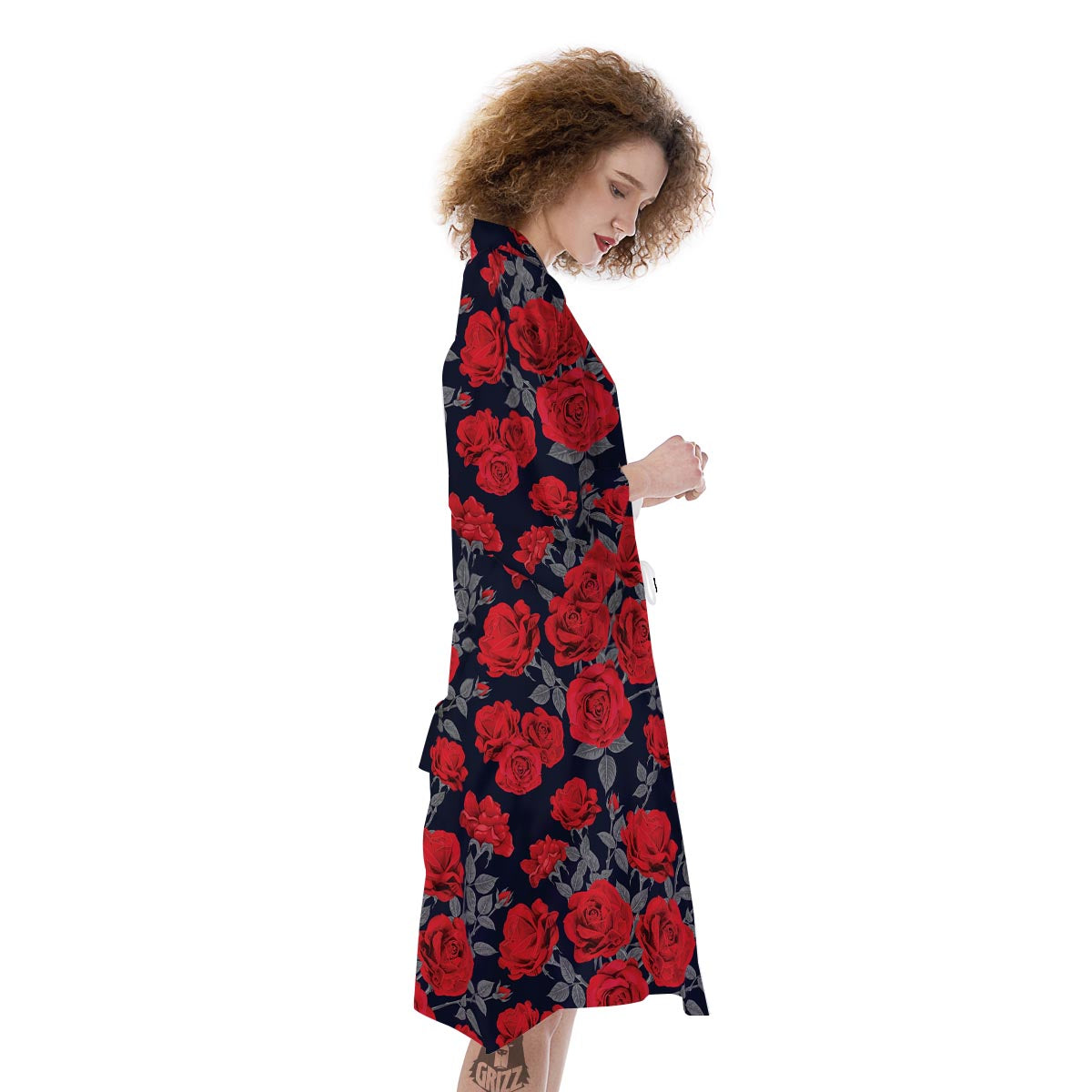 Rose Red Print Pattern Kimono-grizzshop