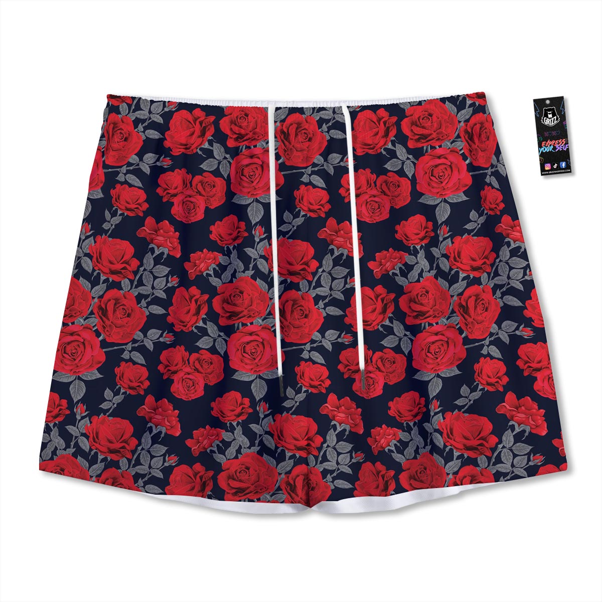 Rose Red Print Pattern Mesh Shorts