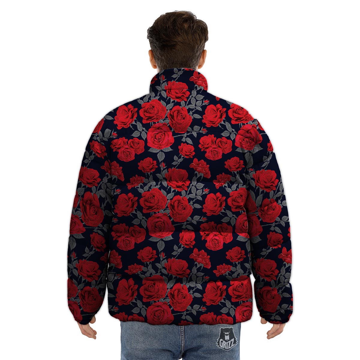 Rose Red Print Pattern Puffer Jacket-grizzshop