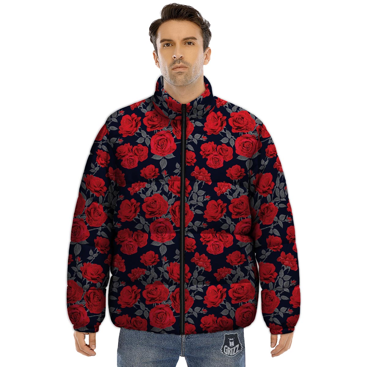 Rose Red Print Pattern Puffer Jacket-grizzshop