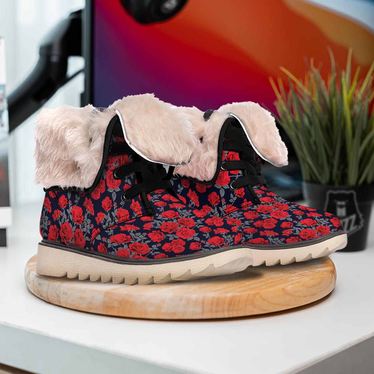 Rose Red Print Pattern Snow Boots-grizzshop