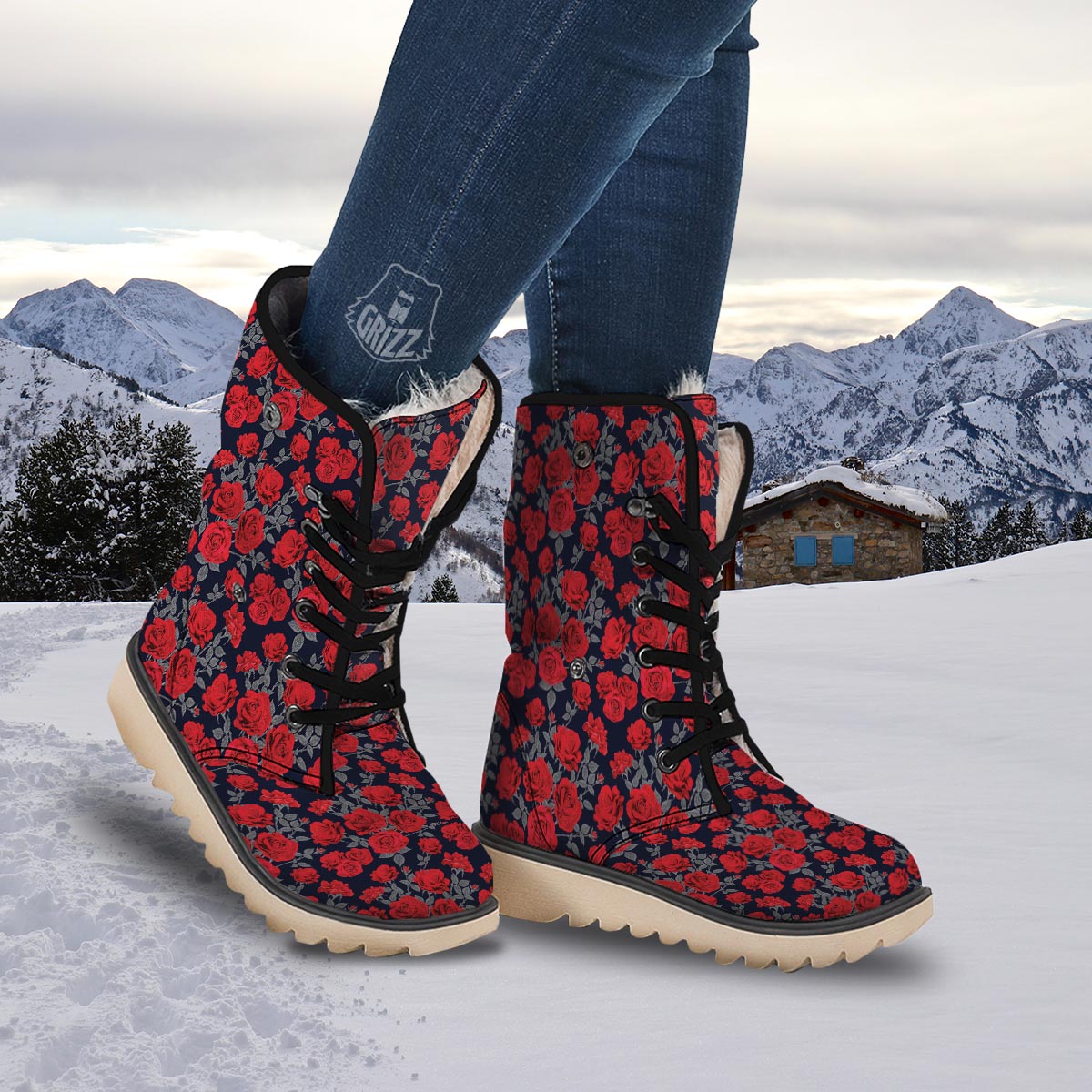 Rose Red Print Pattern Snow Boots-grizzshop