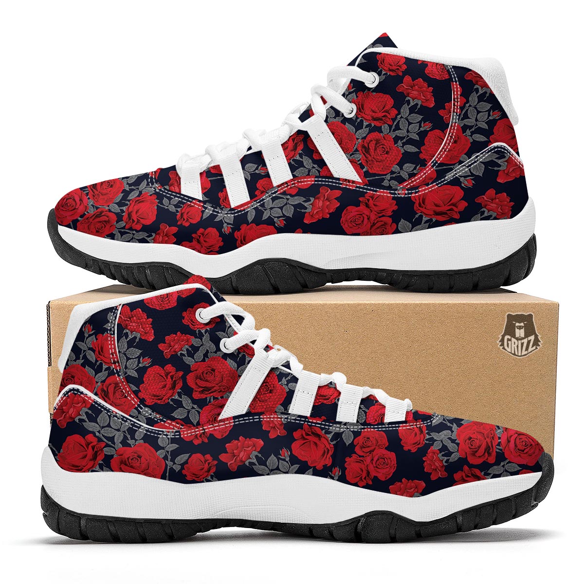 Rose Red Print Pattern White Bball Shoes-grizzshop