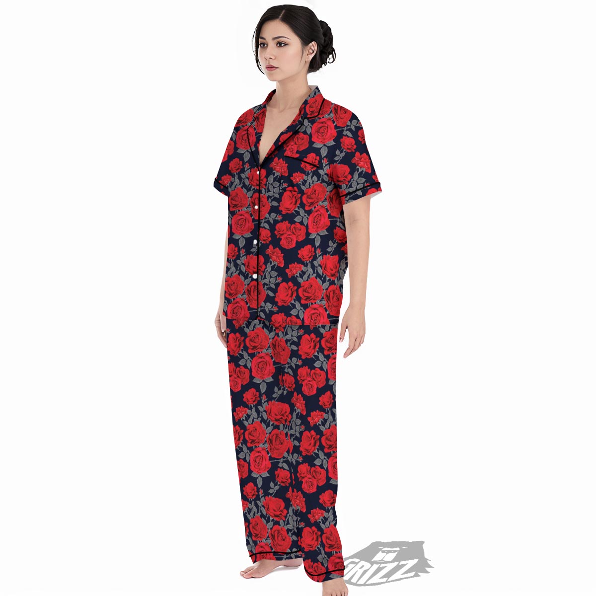 Rose Red Print Pattern Women's Pajamas Set-grizzshop